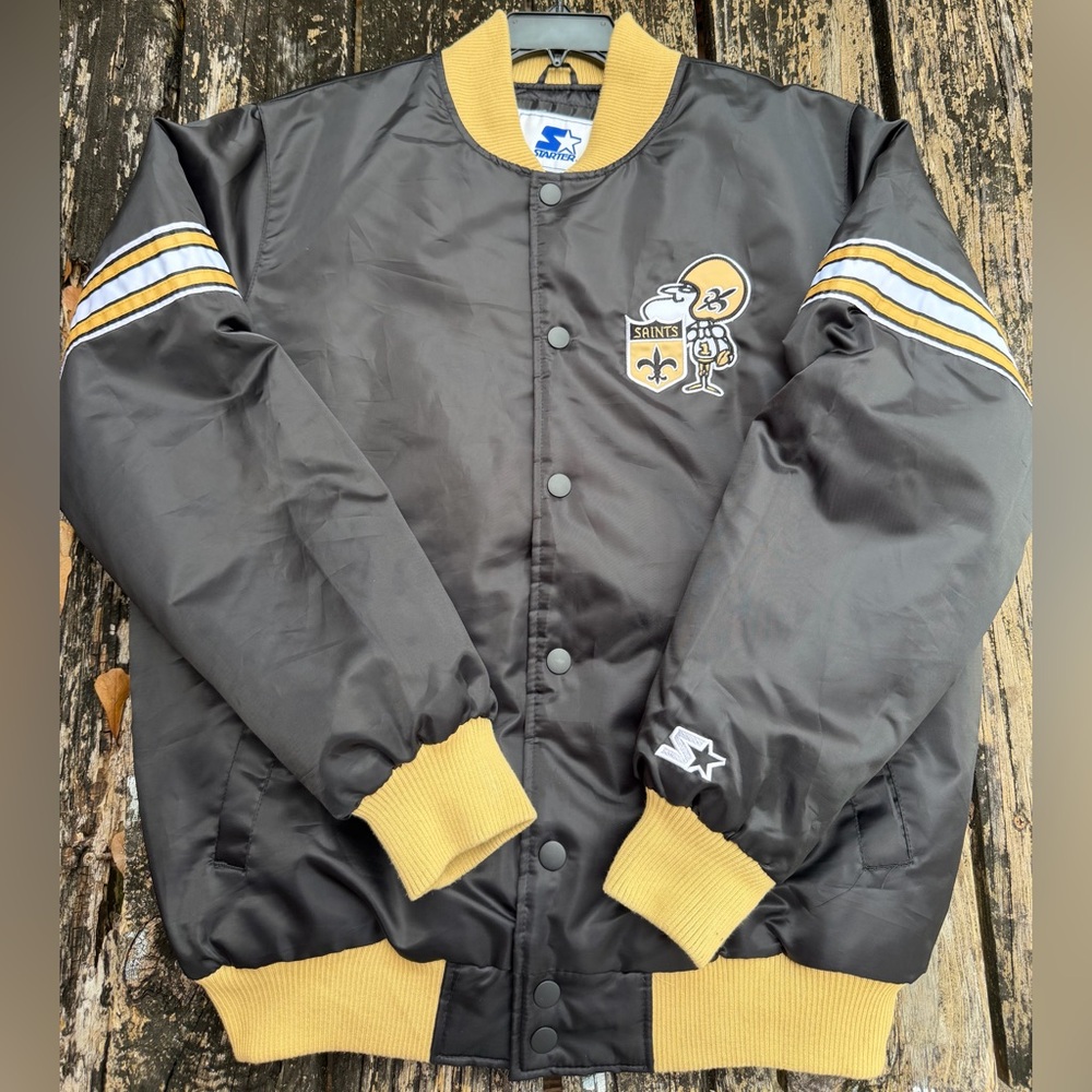 Vintage STARTER New Orleans Saints NFL Black & Gold L Varsity Bomber Jacket T1 - Picture 3 of 8